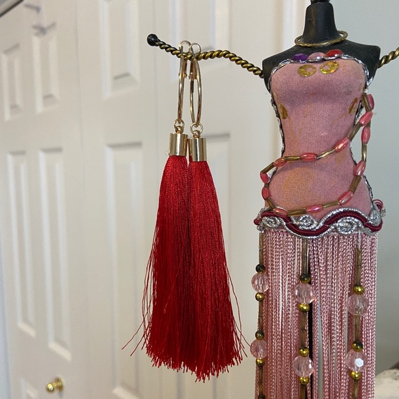 Red Fringe Tassel Pierced Earrings - Picture 3 of 3